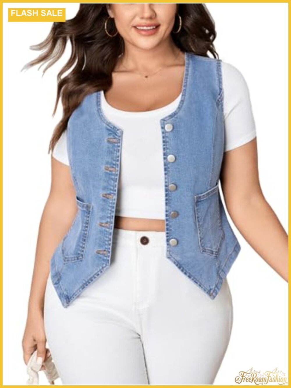 Plus Size Sleeveless Denim Vest V Neck Cropped Jean Top Waistcoat with Pockets